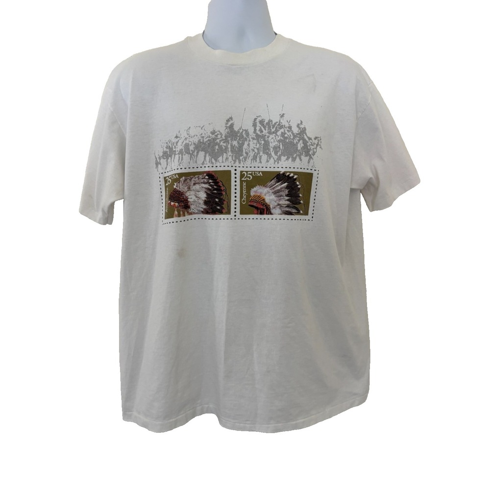 Vtg Hanes Shirt XL White Native American Headdress Tribal Postal Single Stitch